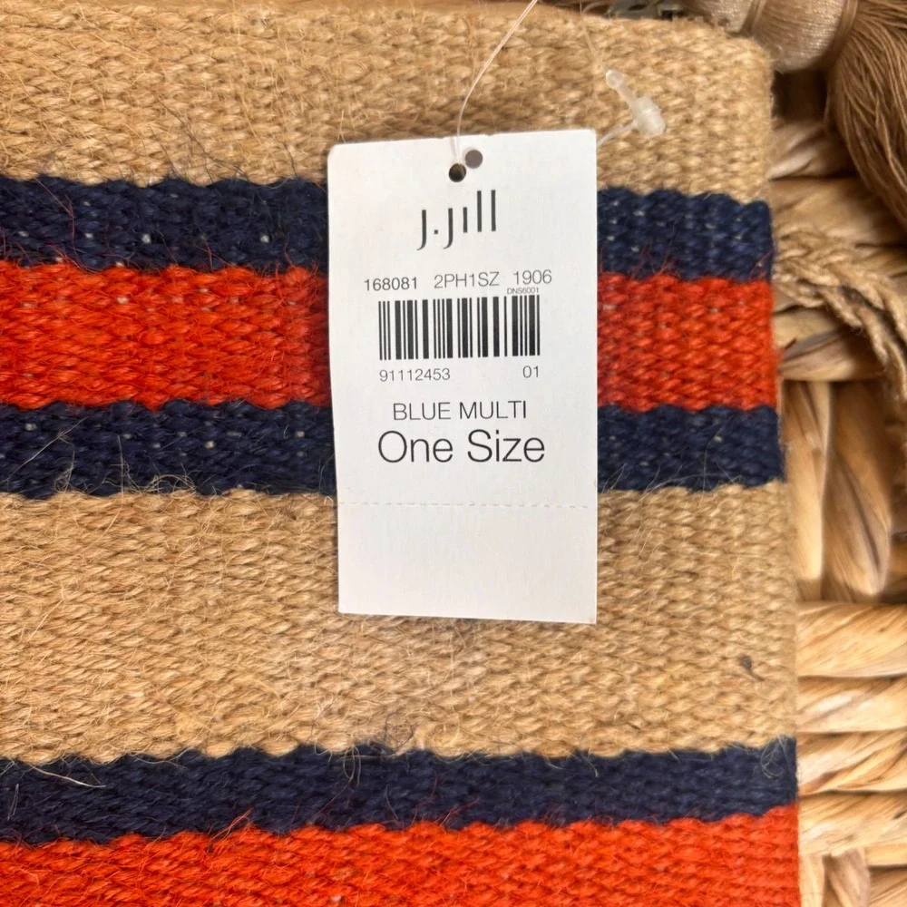 J. Jill Striped Woven Jute‎ Tassel Clutch Bag Blue Orange Tan NWT 168081